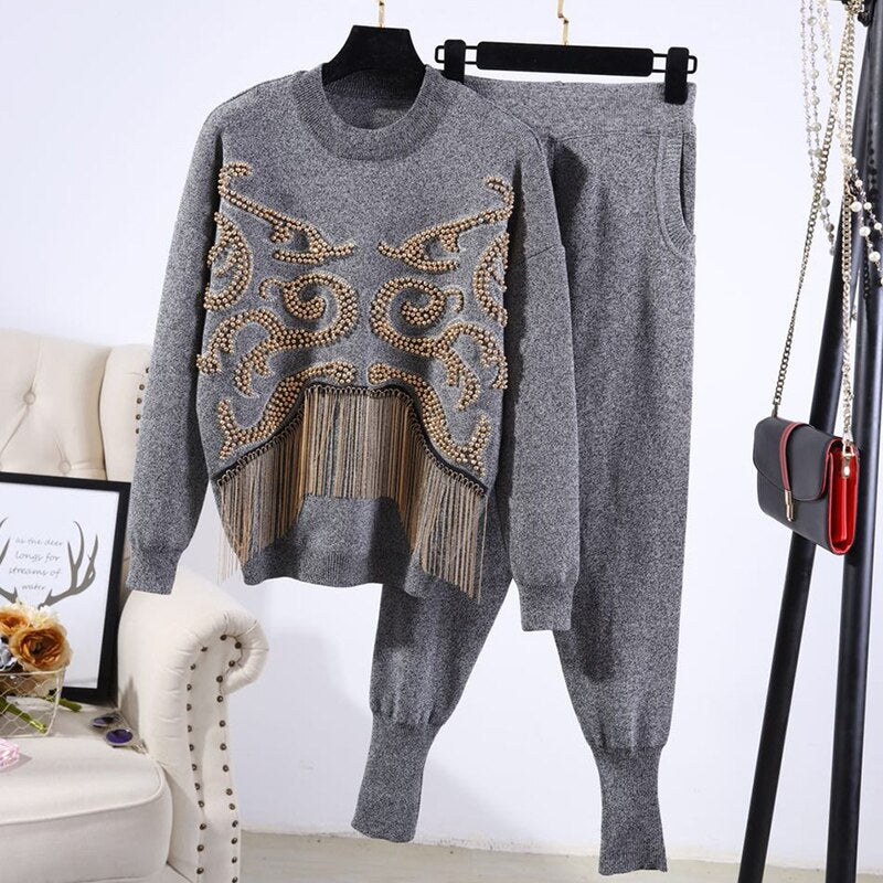 2Pcs Embellished Sweater & Pants Set