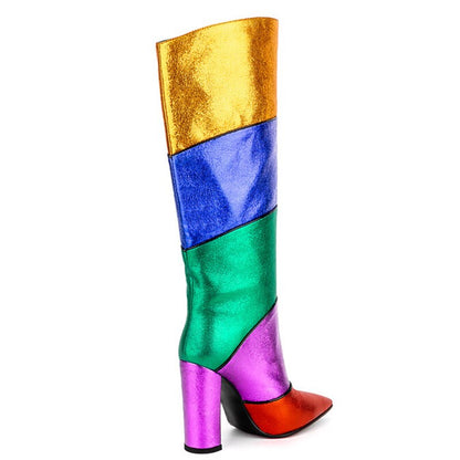 Multicolor Pointed Toe Chunky Heel Knee High Boots
