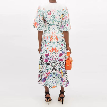Floral Print O-Neck Prairie Chic Midi Dress