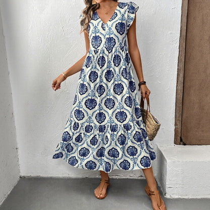 Printed Ruffled Cap Sleeves Midi Dress