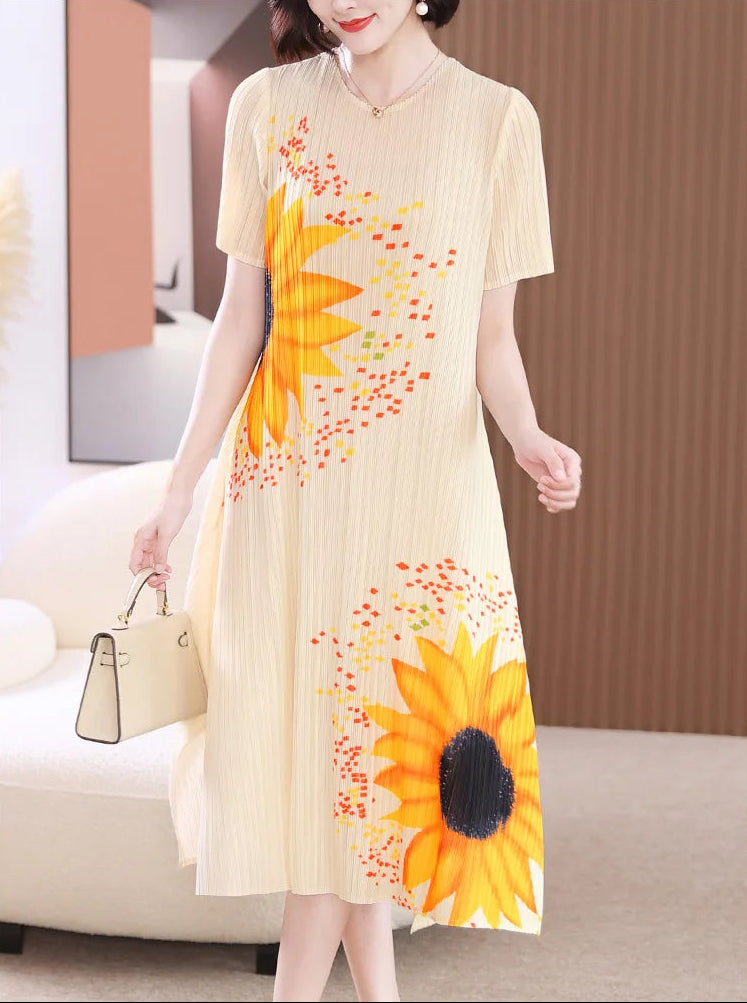 Miyake Pleated Sunflower Midi Dress