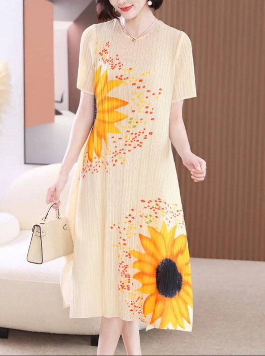 Miyake Pleated Sunflower Midi Dress