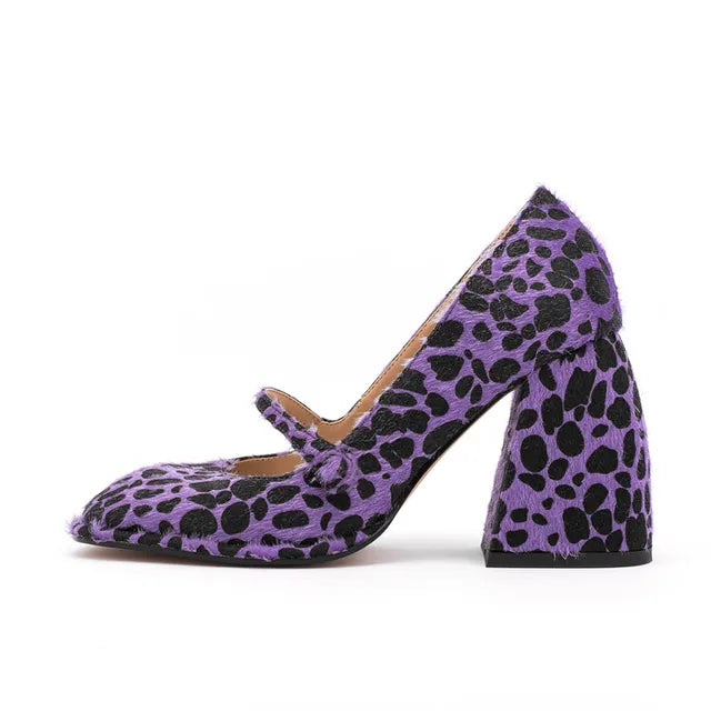 Leopard Square Toe Block Heel Shoes