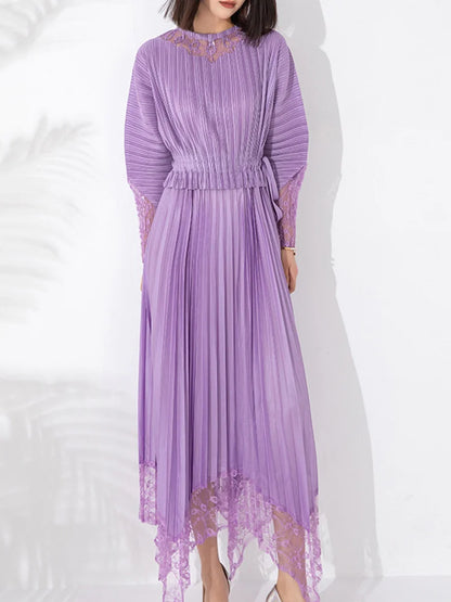 Miyake Pleated Lace Patchwork Midi Dress