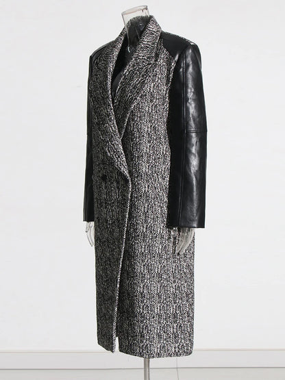 Contrast PU Leather Spliced Long Sleeve Coat