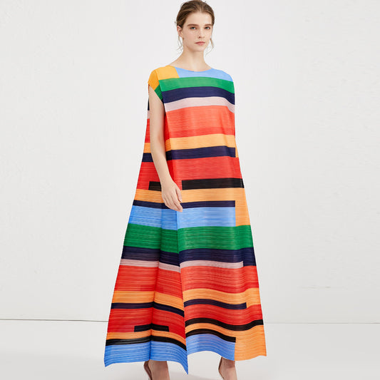 Miyake Pleated Contrast Striped Maxi Dress