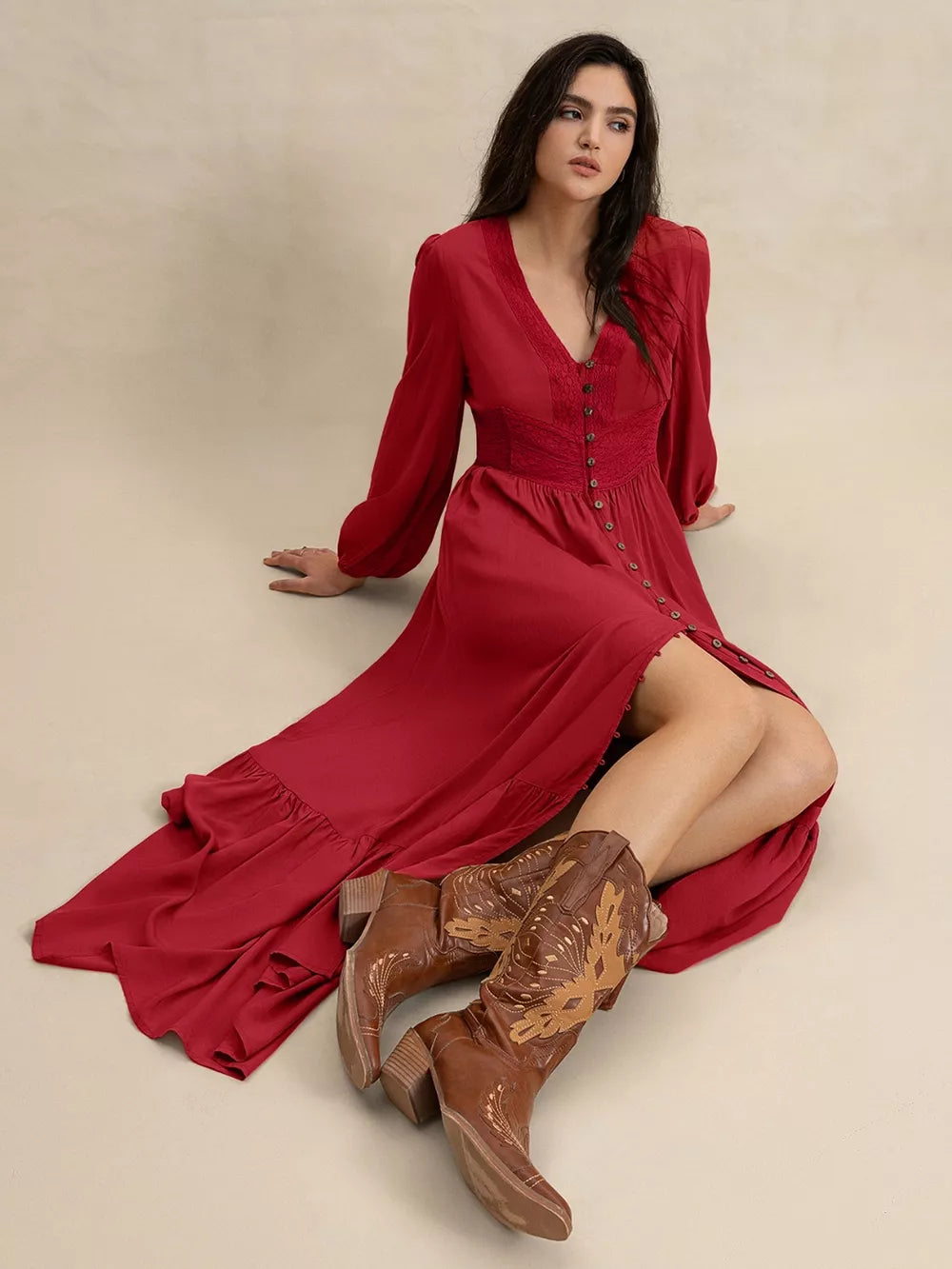 V-Neck Balloon Sleeve Ruffled Hem Maxi Dress