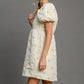 Heart Jacquard Square Neck Puff Sleeve Mini Dress