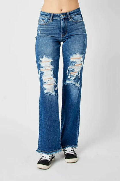 Judy Blue Mid Rise Distressed Raw Hem Jeans