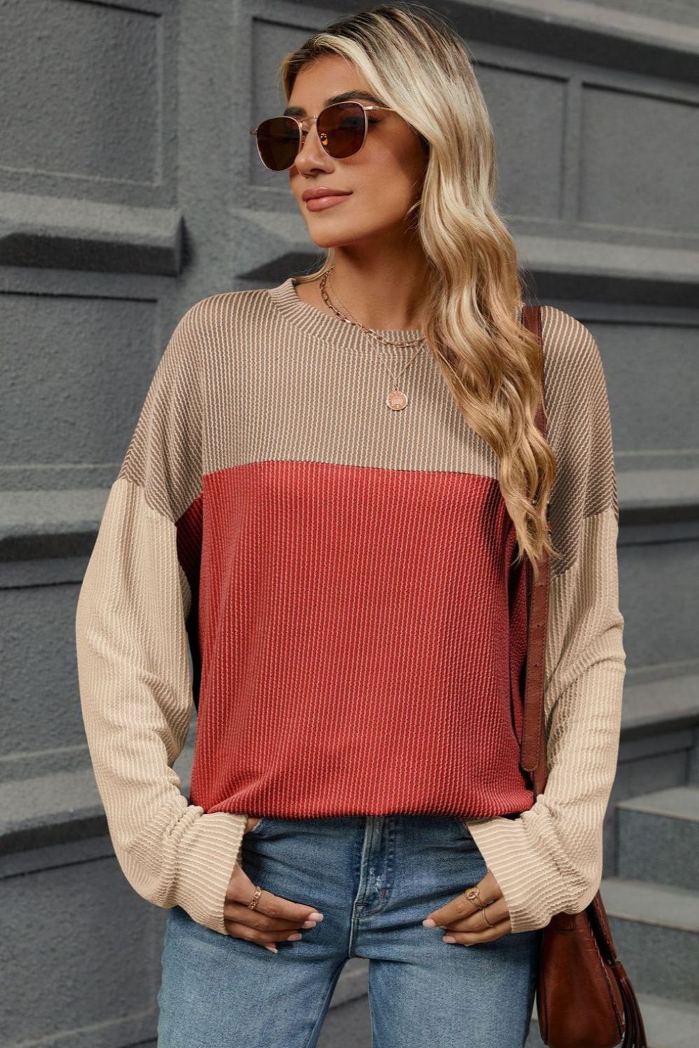 Contrast Round Neck Long Sleeve T-Shirt