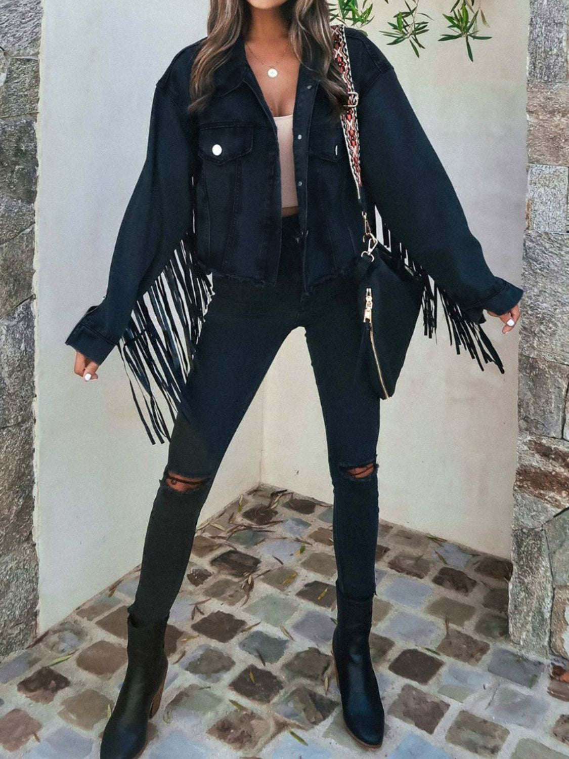 Fringe Button Up Long Sleeve Denim Jacket