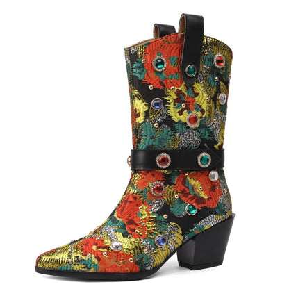 Brocade Pointed Toe Block Heel Boots