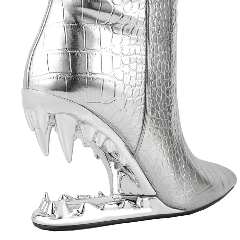 Crocodile Pattern Pointed Toe Tiger Teeth Heel Boots
