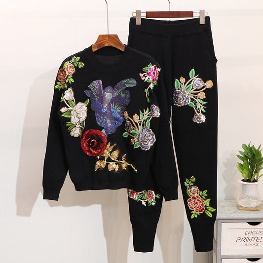 2Pcs Floral Sequin Embroidered Sweater & Pants Set
