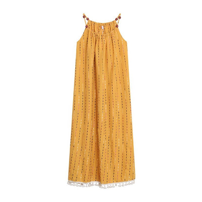 Embroidered Sleeveless Maxi Dress with Tassels