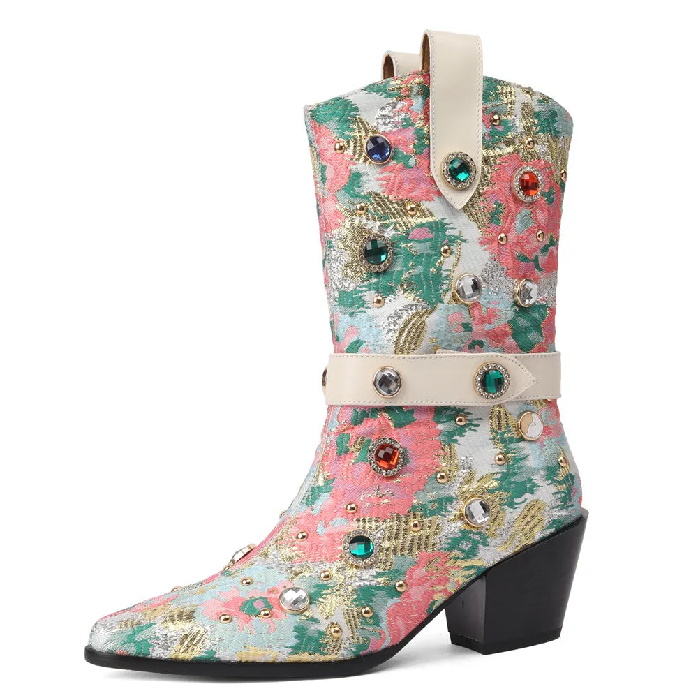 Brocade Pointed Toe Block Heel Boots