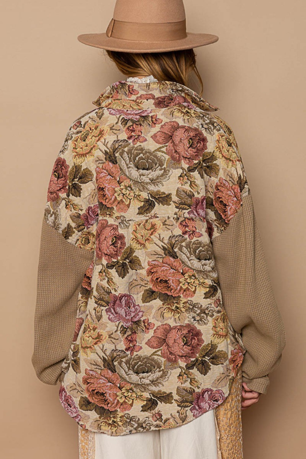 Contrast Sleeves Floral Jacquard Shirt