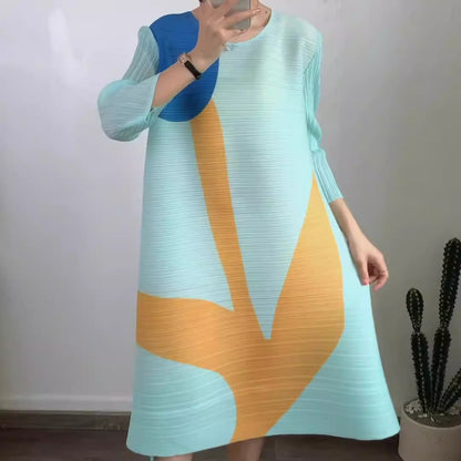 Miyake Pleated Printed Three-Quarter Sleeves Midi Dress