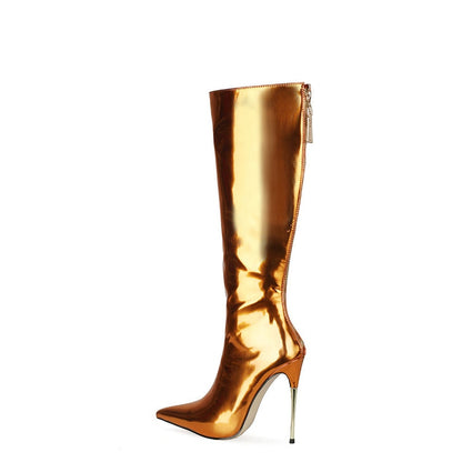 Metallic Patent Leather Thin Heels Knee-High Boots
