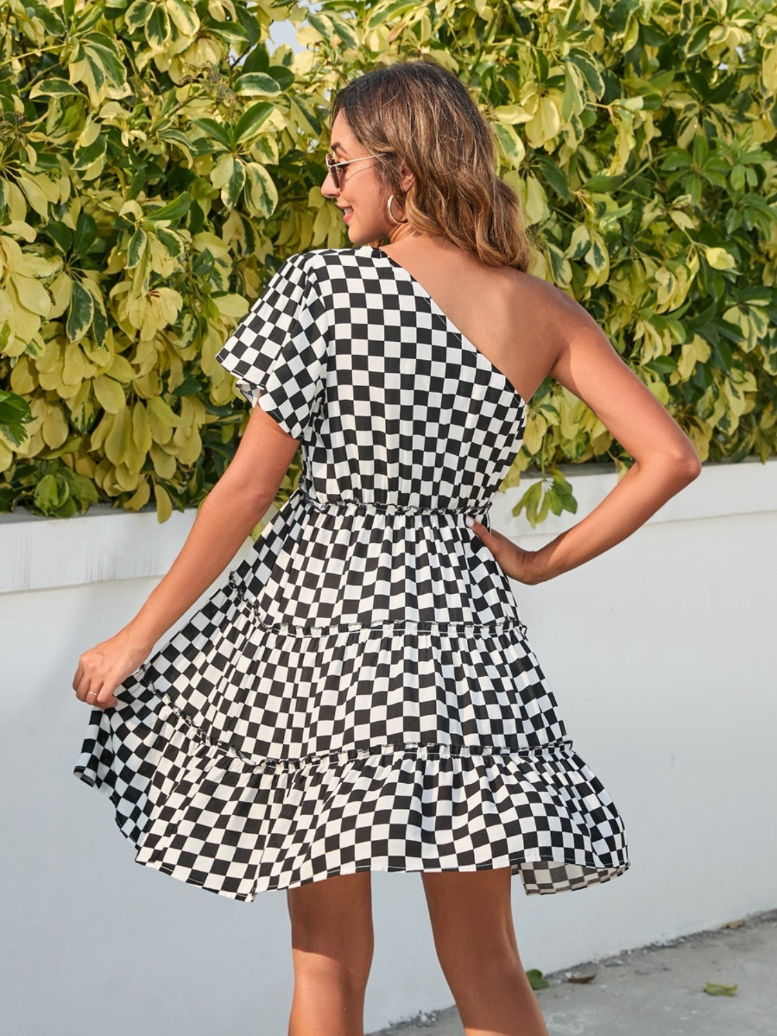 Checkered Single Shoulder Mini Dress