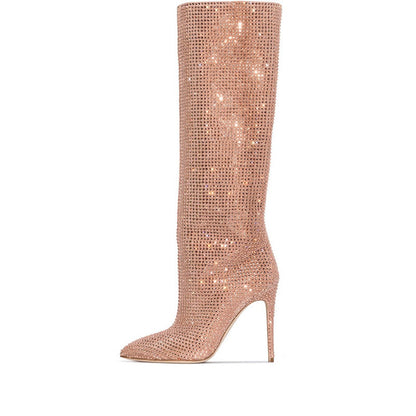 Rhinestone Pointed Toe Knee-High Boots