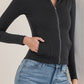 Pocketed Turtleneck Zip Up Denim Top