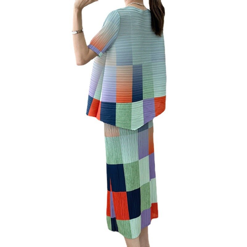 Miyake Pleated Color Block Printed Top and Skirt Set