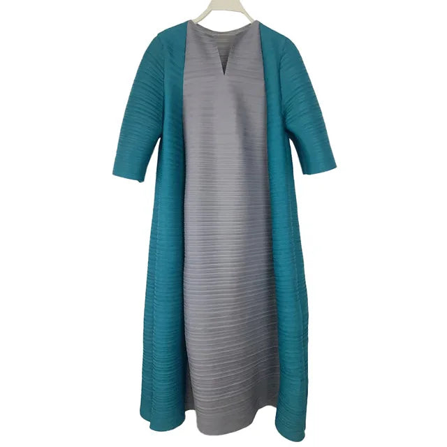 Miyake Pleated Contrast Splice Midi Dress