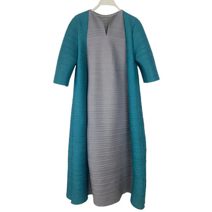 Miyake Pleated Contrast Splice Midi Dress