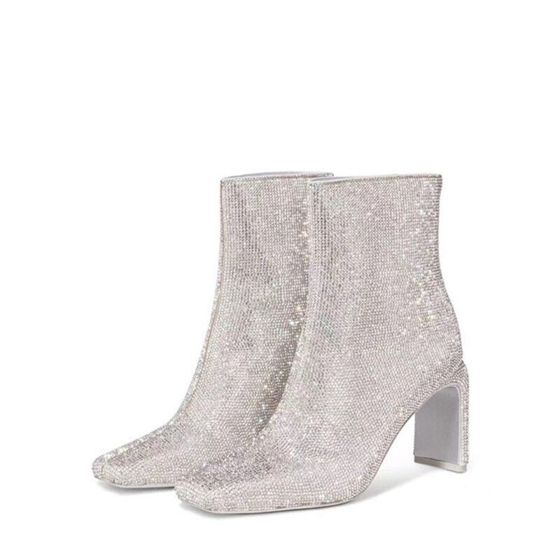Sparkling Crystals Square Toe Ankle Boots