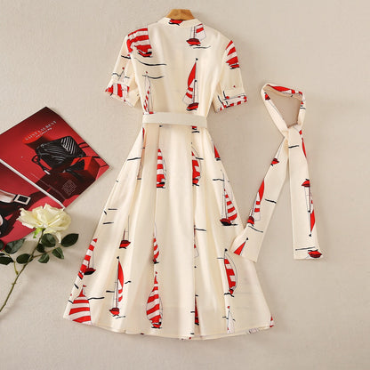 Retro Printed Scarf Collar Short Sleeve Dress