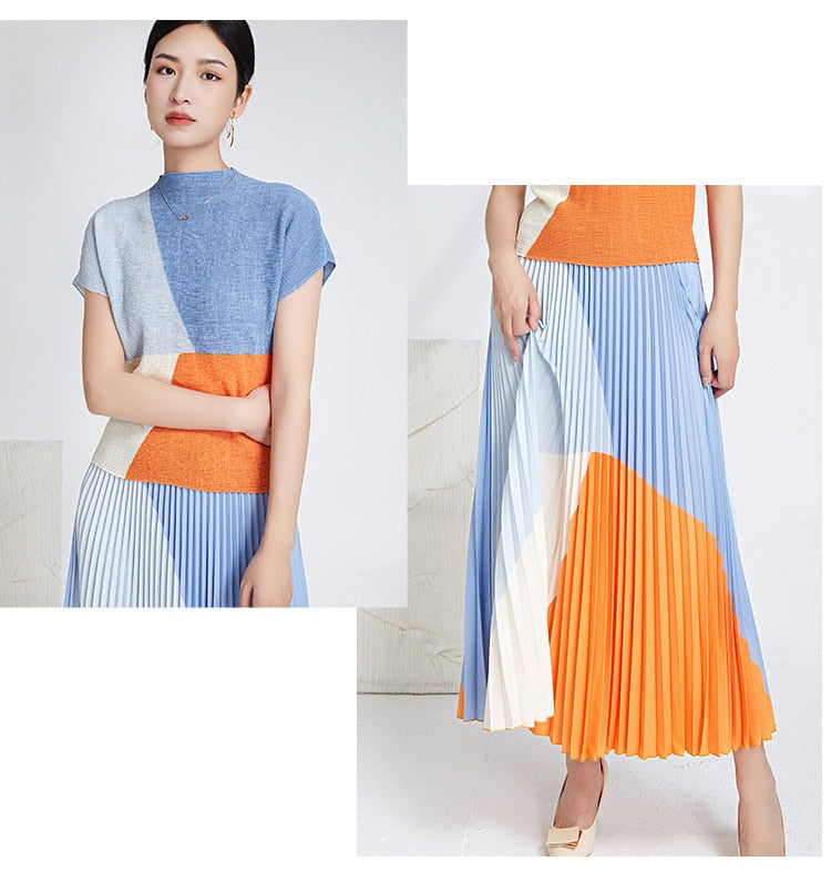 Miyake Pleated Color Block Top & Long Skirt Set