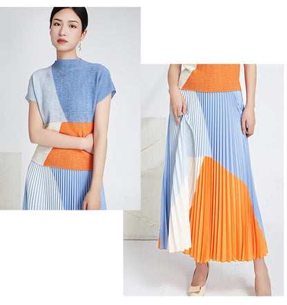Miyake Pleated Color Block Top & Long Skirt Set