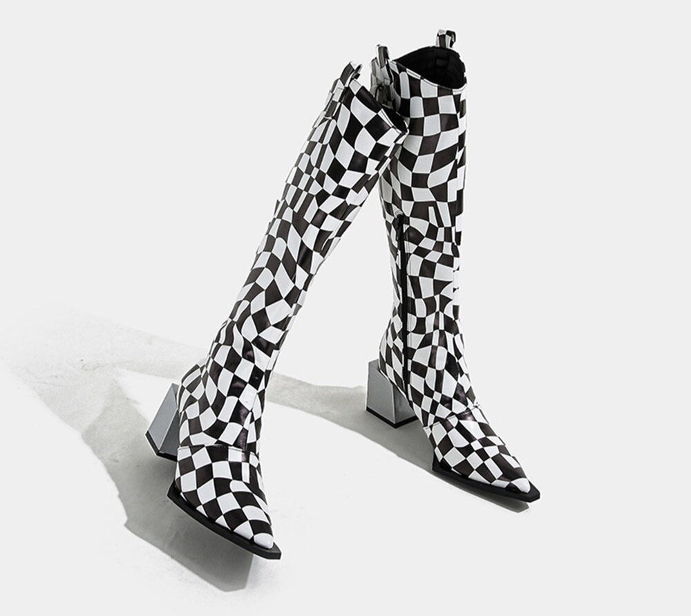 Checkered Pointed Toe Square Heel Boots