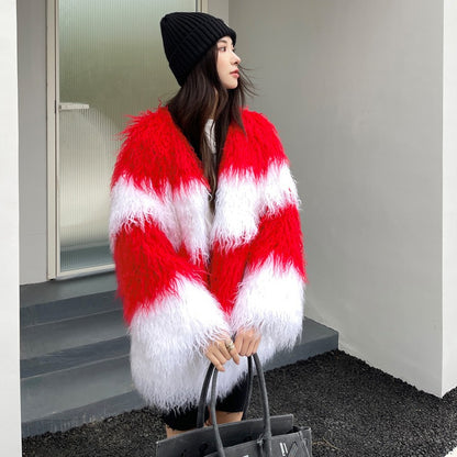 Contrast Fluffy Faux Fur Coat