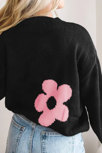 Round Neck Floral Pattern Long Sleeve Sweater