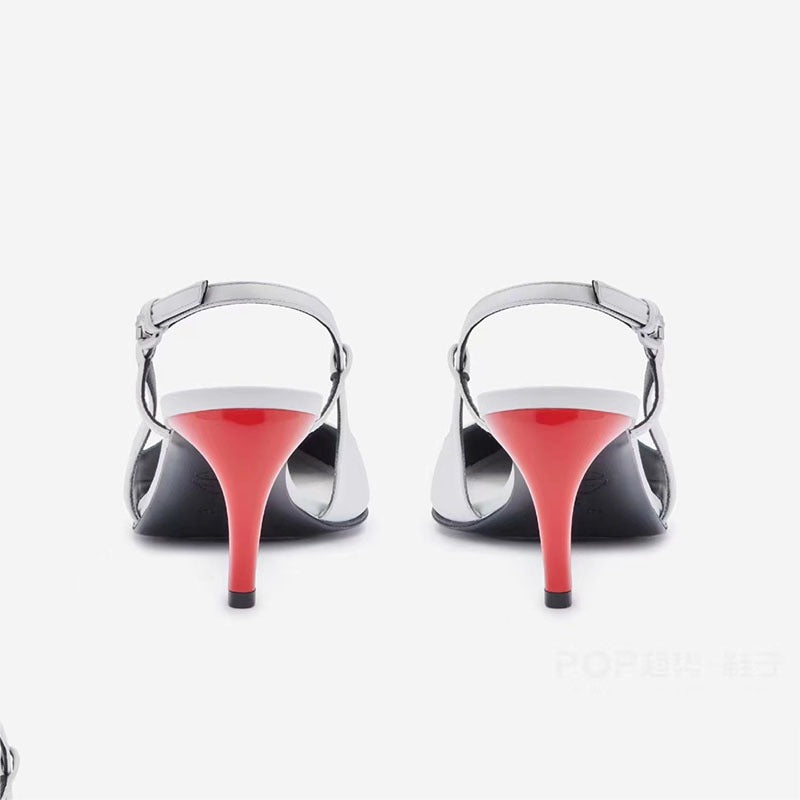 Round head, shallow mouth, slim heel, belt buckle, white sandals  style color blocking irregular high heels
