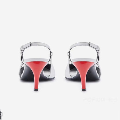 Round head, shallow mouth, slim heel, belt buckle, white sandals  style color blocking irregular high heels