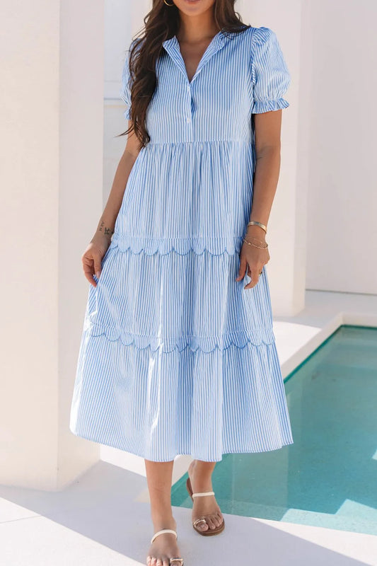 Stripe Bubble Short Sleeve Tiered Scallop Midi Dress