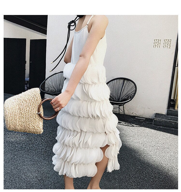 Sleeveless Spaghetti Strap Layered Patches Midi Dress