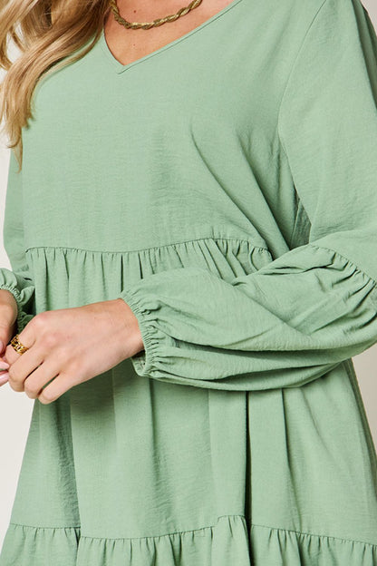 V-Neck Balloon Sleeve Tiered Dress