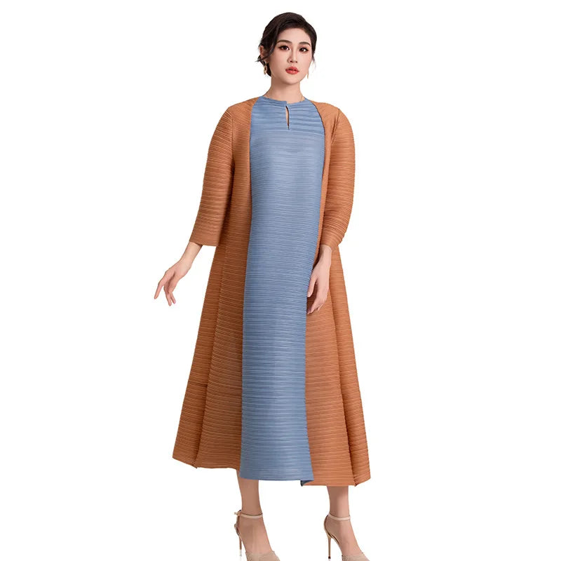 Miyake Pleated Contrast Splice Midi Dress