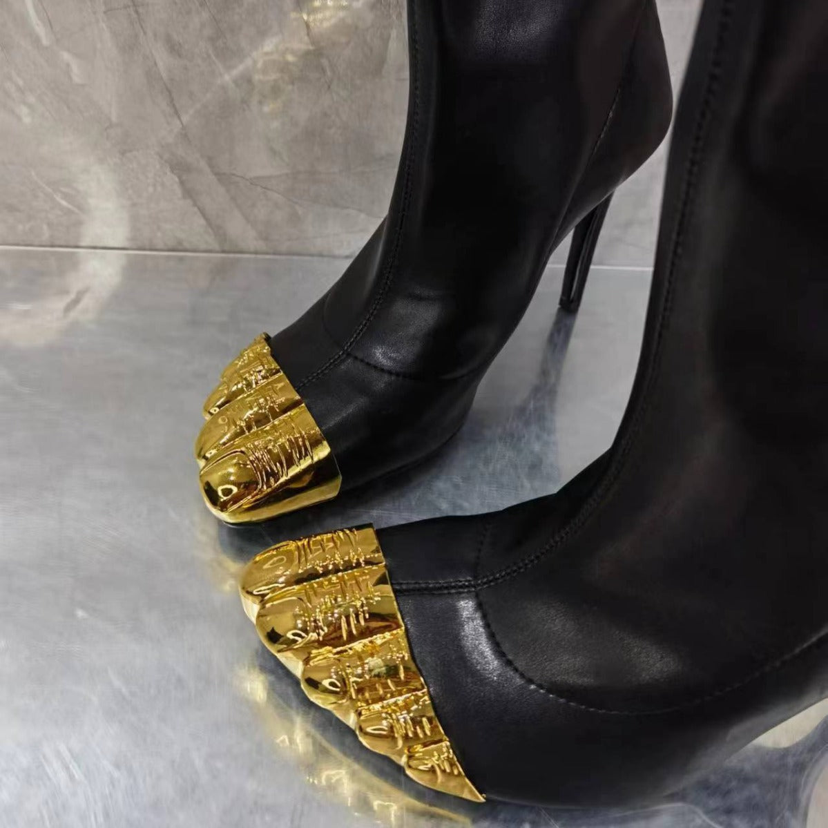 Gold Toe Stiletto Heel Mid-Calf Boots