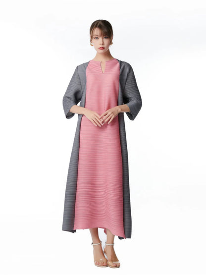 Miyake Pleated Contrast Splice Midi Dress
