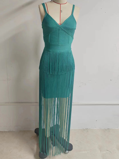 Tassel Fringe Sleeveless V-Neck Bandage Dress