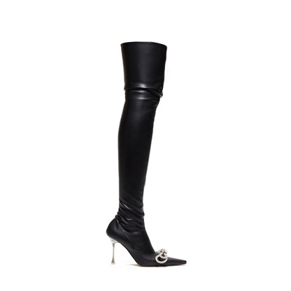 Rhinestone Knot Pointed Toe Thigh High Boots