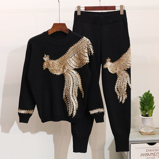 Golden Phoenix Beaded Sequined Knit Sweater & Pants Set