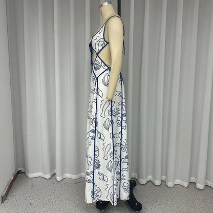 Printed Hollow Out Sleeveless Maxi Dress
