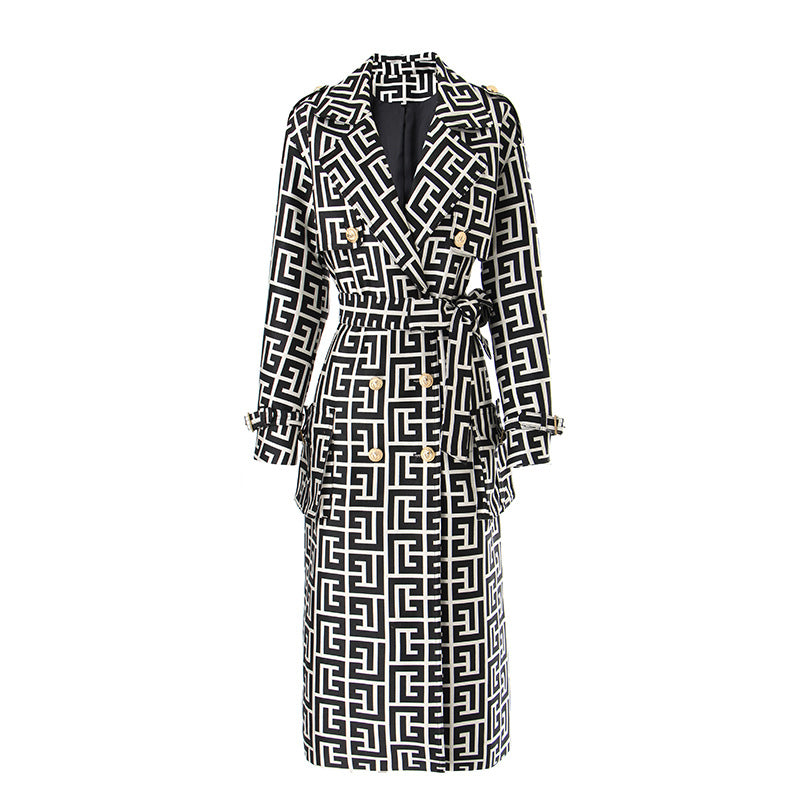 Black & White Monochrome Double-Breasted Trench Coat