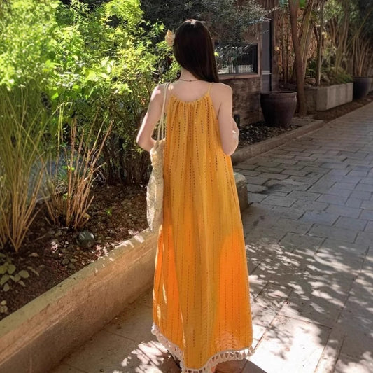 Embroidered Sleeveless Maxi Dress with Tassels